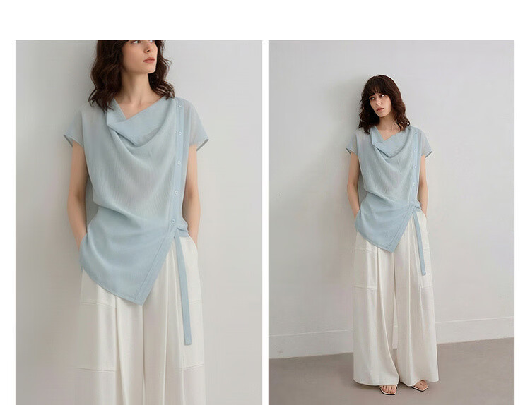 Demana [Translucent Aesthetics] Summer Draped Collar Adjustable Strap Shoulder Short Sleeve Lightweight Loose Slimming Women's Shirt 9