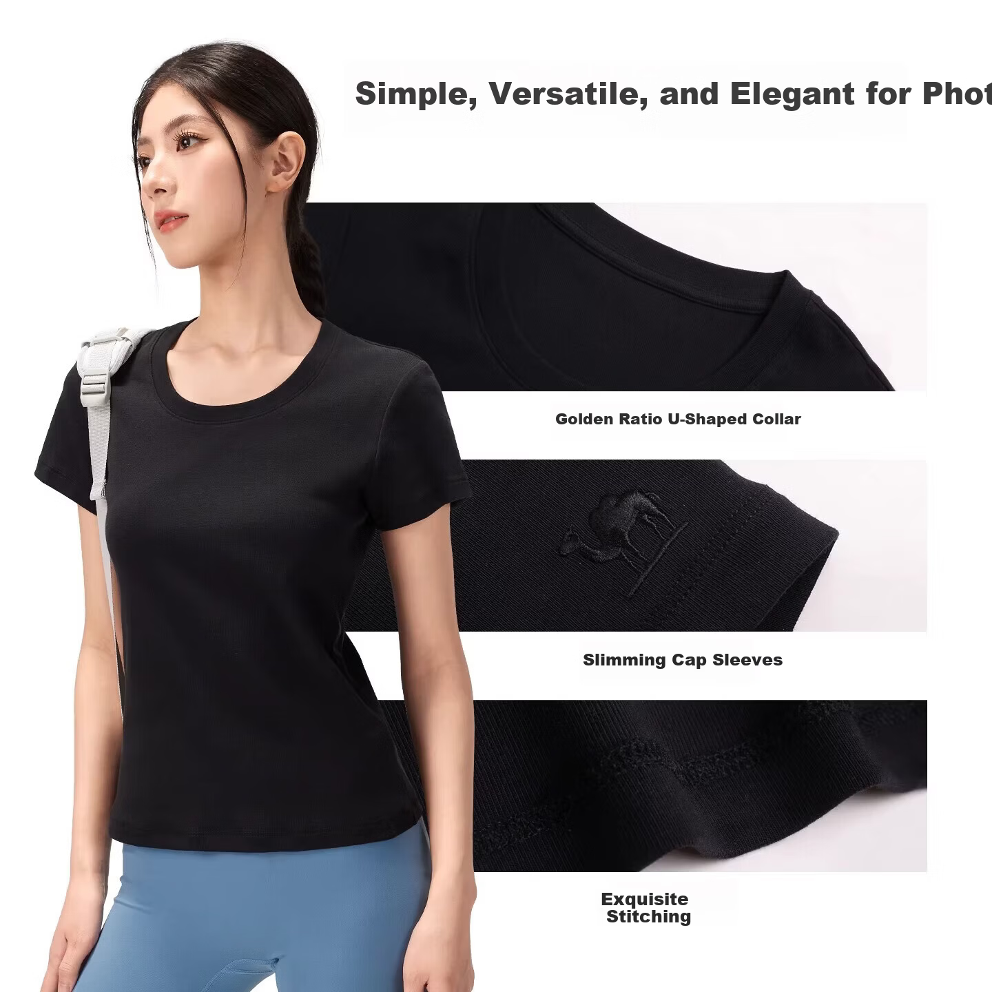 CAMEL Outdoor Casual Women's Shoulder T-Shirt 26 Spring Summer Breathable Stretch Slim Cotton Sports Tee K092