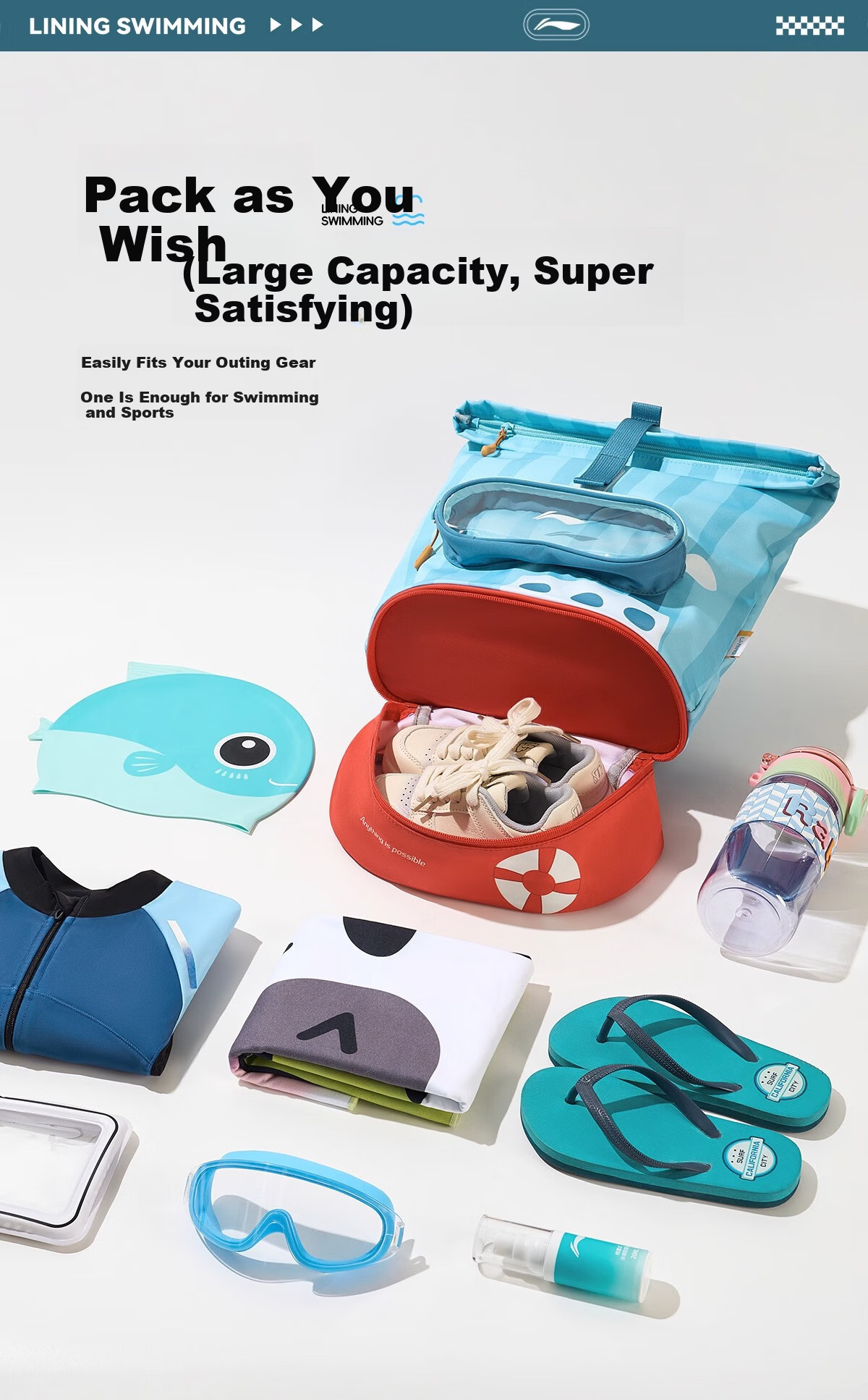 LI-NING Kids Swimming Storage Bag Waterproof Dry and Wet Separation Backpack Boys Girls Swimwear Sports Bag 1