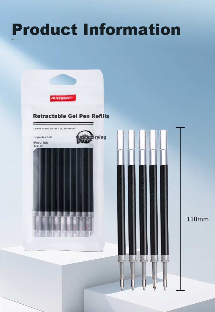 JD Jingzao Push-Type Neutral Pen Refills Black Bullet Tip 0.5mm 10-Pack Imported Ink Office Pen Refills Compatible with JD1001/1009/S01/S08/1008/K35 7