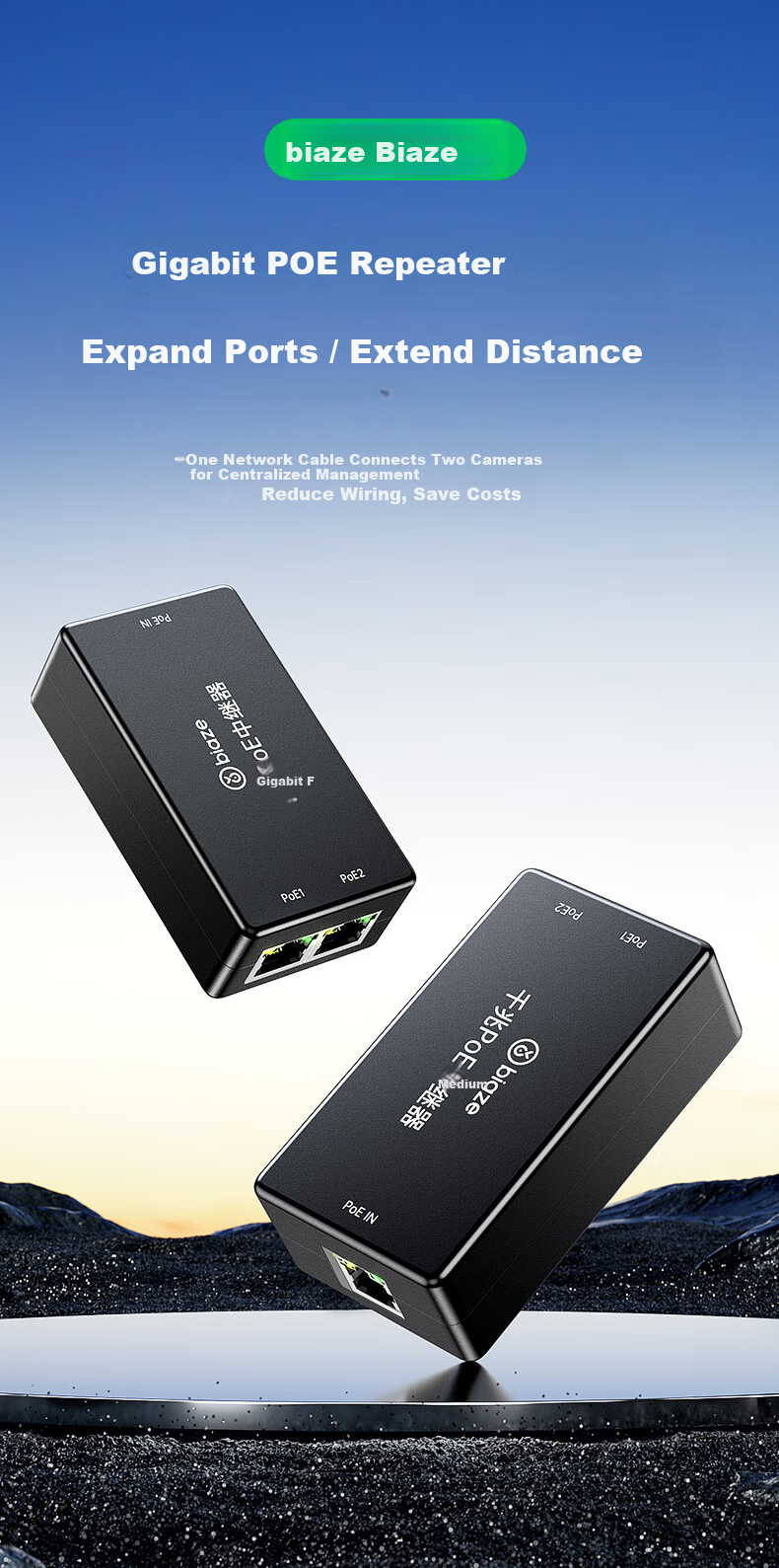 BIAZE Gigabit PoE Repeater One-to-Two Isolated National Standard Switch Camera Network Repeater Extender Home Surveillance Power Splitter Separator ZH432 3