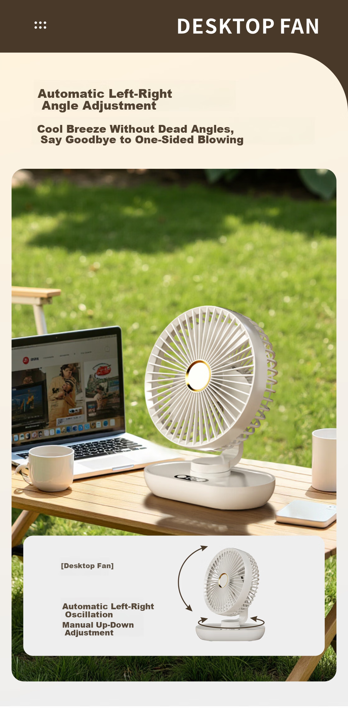 CRENOV Automatic Oscillating Desktop Mini Fan Dual Power USB Rechargeable Silent Student Dormitory Cooling Air Circulator Small Table Fan 8