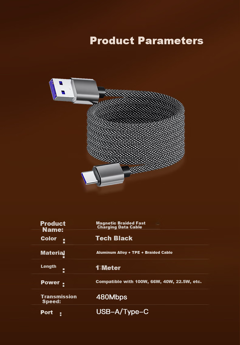 Baking Magnetic Type-C Charging Cable PD 100W Fast Charge Compatible with Apple iPhone 17/16/15 Huawei Honor Xiaomi iPad Tablet Laptop Cable Organizer 8