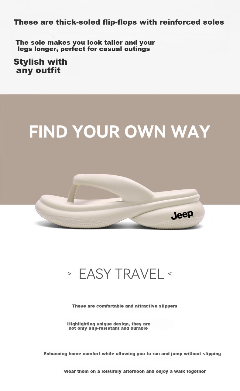 JEEP Women's Casual Herringbone Flip Flops Outdoor Slip-Resistant Thick Sole Height Increase 6cm Khaki Size 37-38 3