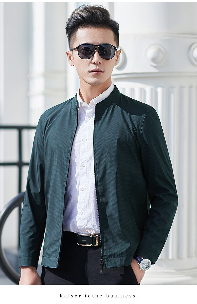 Caesar Stand Collar Jacket Men Spring Windproof Zip-up Business Casual Smooth Comfortable Commuter Coat 16