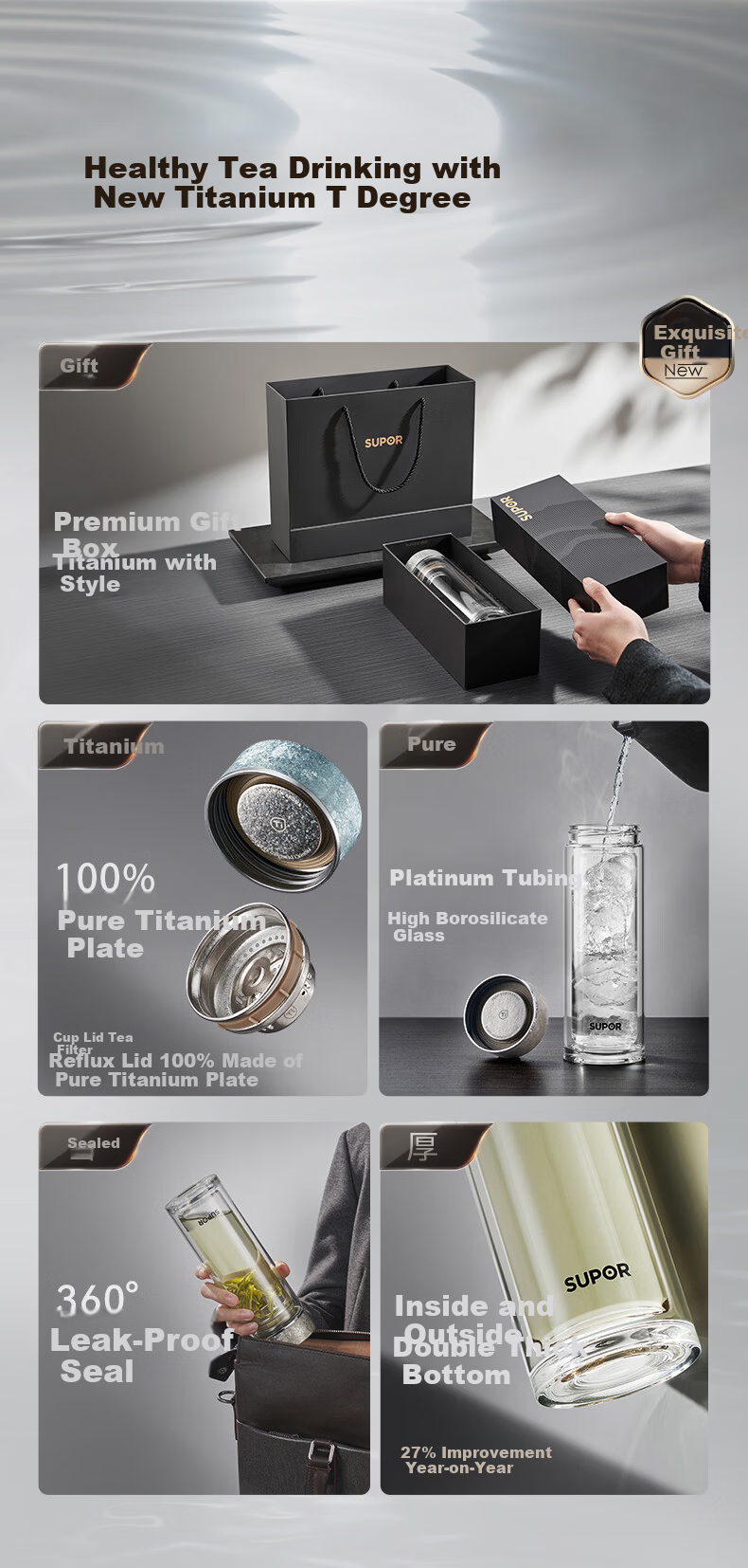 SUPOR Pure Titanium Tea Infuser Double-Layer Glass Cup Tea Water Separation Titanium Tea Cup Gift for Men and Women Birthday Gift Box 1