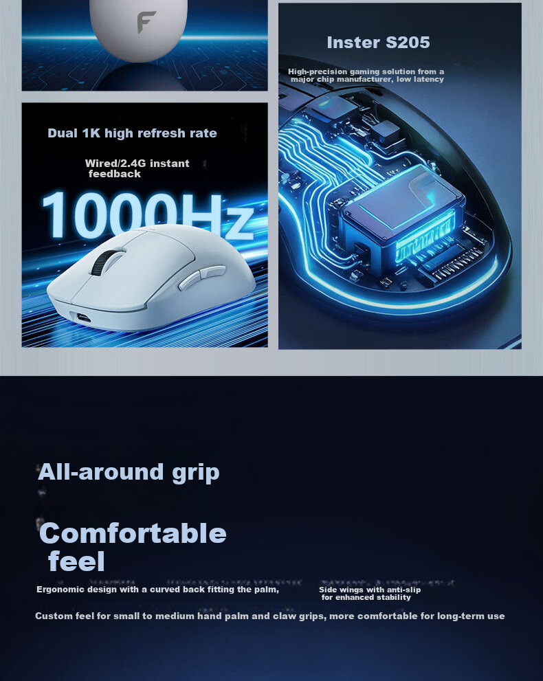 Founder Tri-Mode Gaming Mouse Wired/2.4G/Bluetooth 60G Ultra-Lightweight Feel Small to Medium Hand S205 Esports Chip All-Purpose Gaming Office Mouse G980 Pure White 3