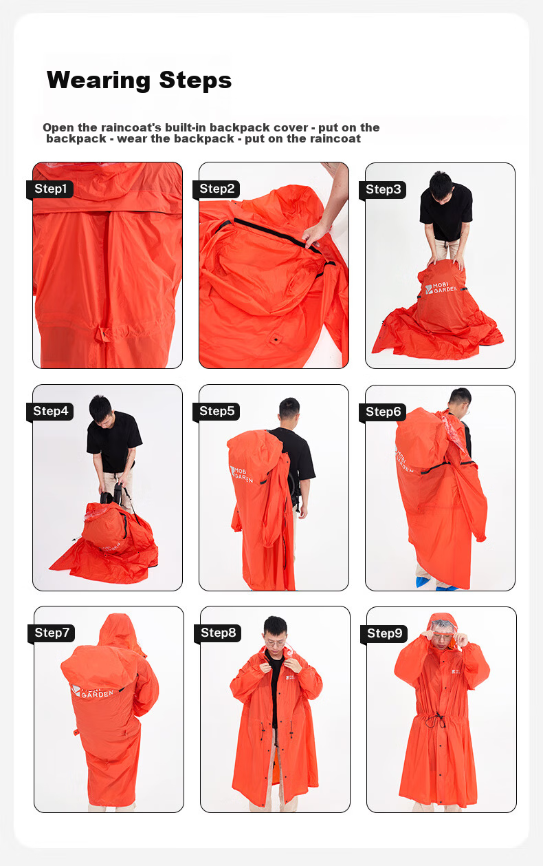 MOBIGARDEN Hiking Sleeved Backpack Raincoat Outdoor Camping Mountaineering Waterproof Ultralight Raincoat NX25690004 Vivid Orange L 4