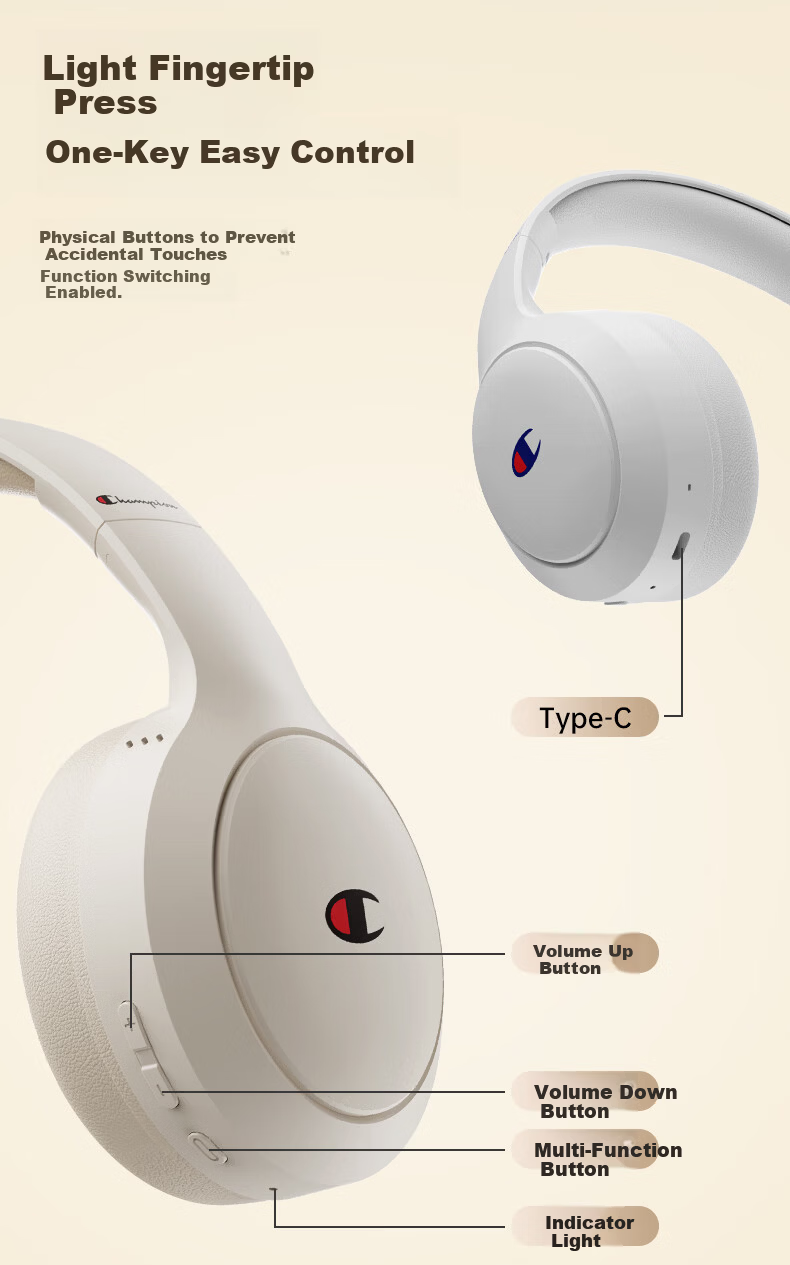 Champion Wireless Bluetooth Earbuds for Computer and Mobile, Noise-Cancelling Gaming Headset, Long Battery Life, Trendy Series CH22 Beige 13