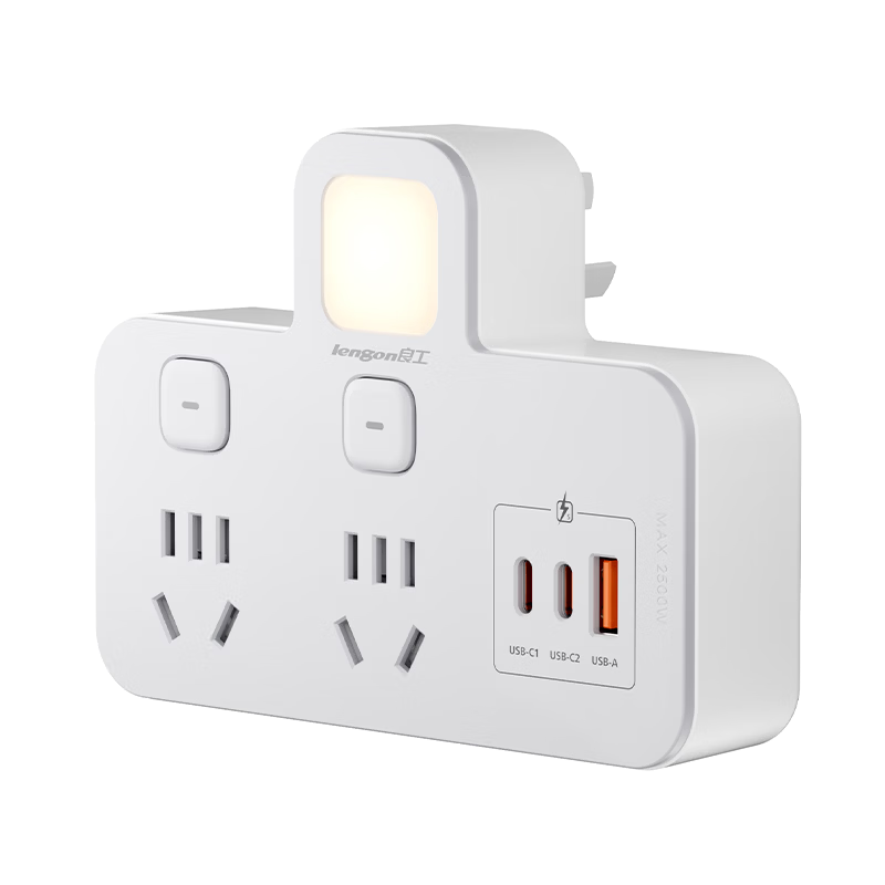 Lengon Wall Socket Converter Power Strip Adapter Multi-Outlet Extension with Night Light 30W Fast Charging Wireless One-to-Five USB Ports Control Switch
