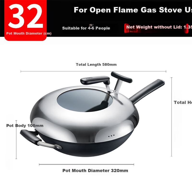 ASD Carbon Steel Wok Non-Coated Rust-Resistant Household Stir-Fry Pan Round Bottom 32cm Gas Stove Compatible