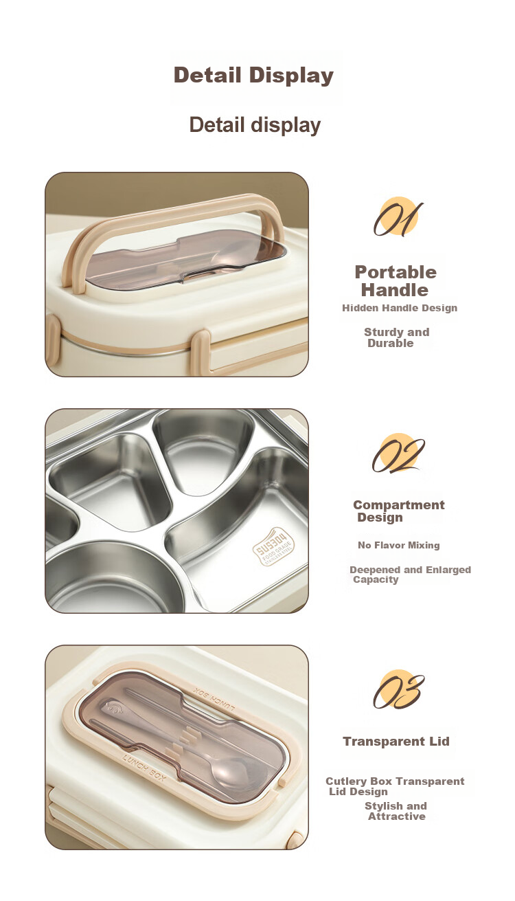 Wuxinzhi Zao 304 Stainless Steel High School Student Lunch Box, Office Worker Bento Meal Container, Microwave-Safe Plate, Light Coffee Color, 1000ml 16