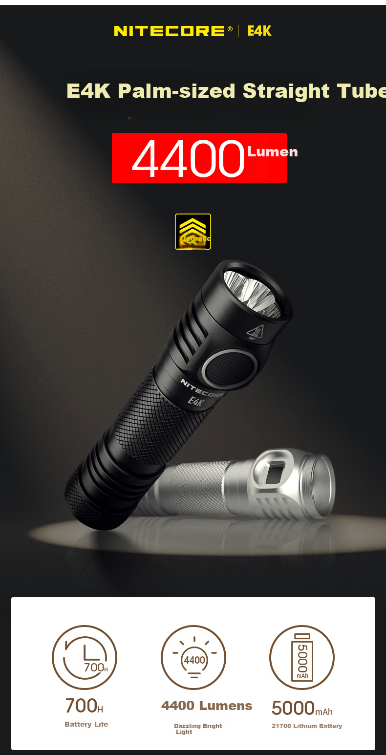 NITECORE E4K High Brightness Rechargeable Compact Flashlight Outdoor Hiking Mountaineering Portable EDC Emergency Light 3
