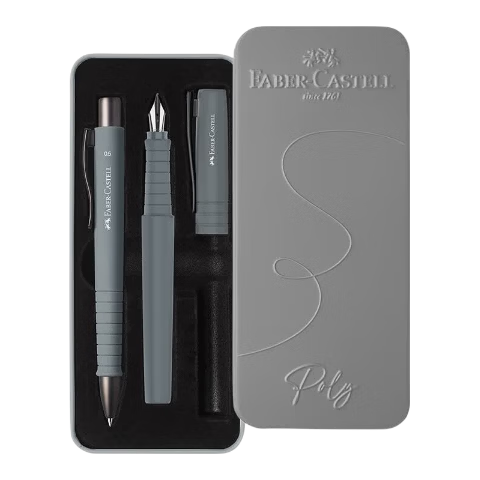 Faber-Castell German Smooth Writing Fountain Pen and Ballpoint Pen Set for Primary School Students Posture Correction Calligraphy Pen Graduation Gift Box Double Pen Case Rock Gray 241042