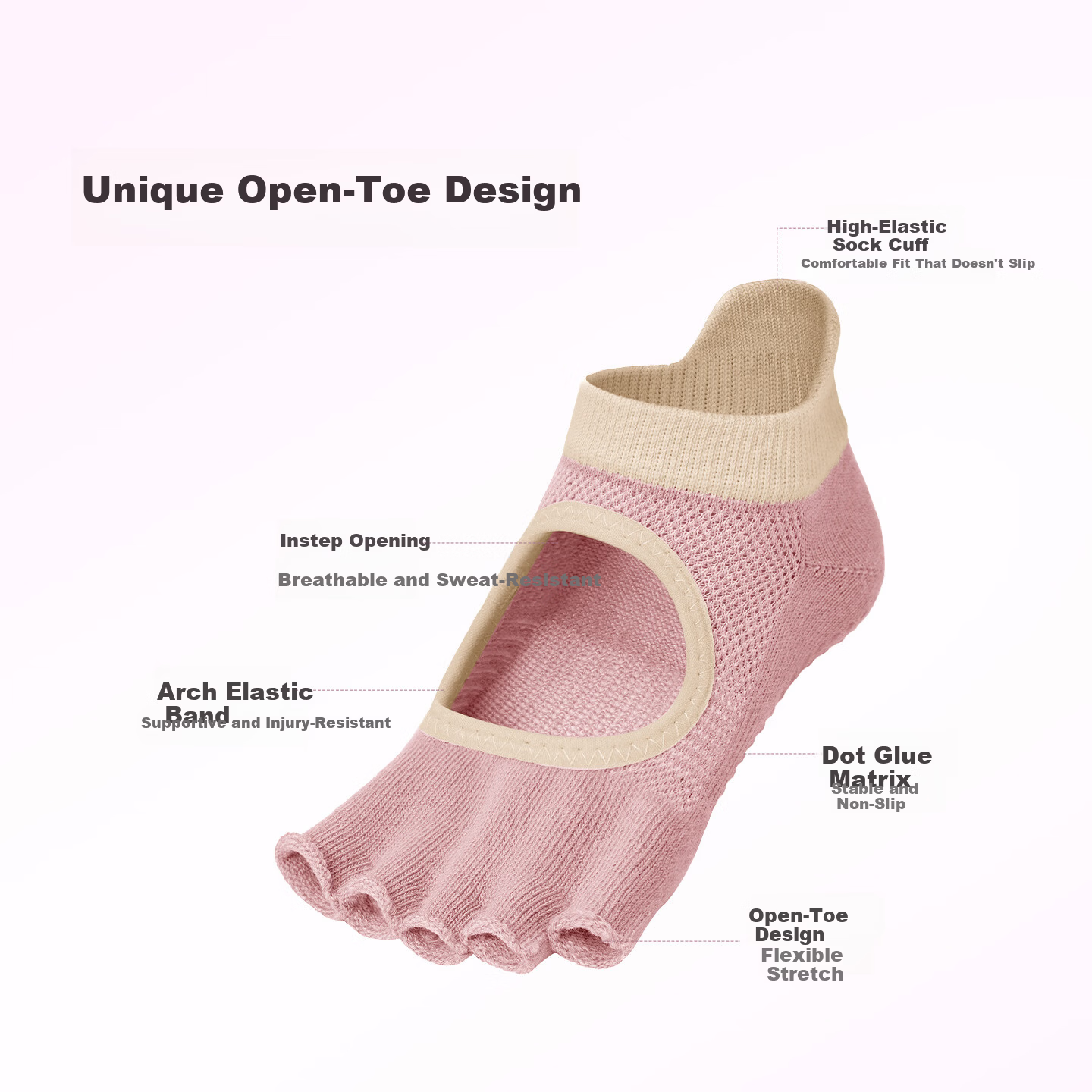 Keep Colorful Non-Slip Low-Cut Open-Toe Yoga Socks One Size Fits 35-39 Early Cherry Pink