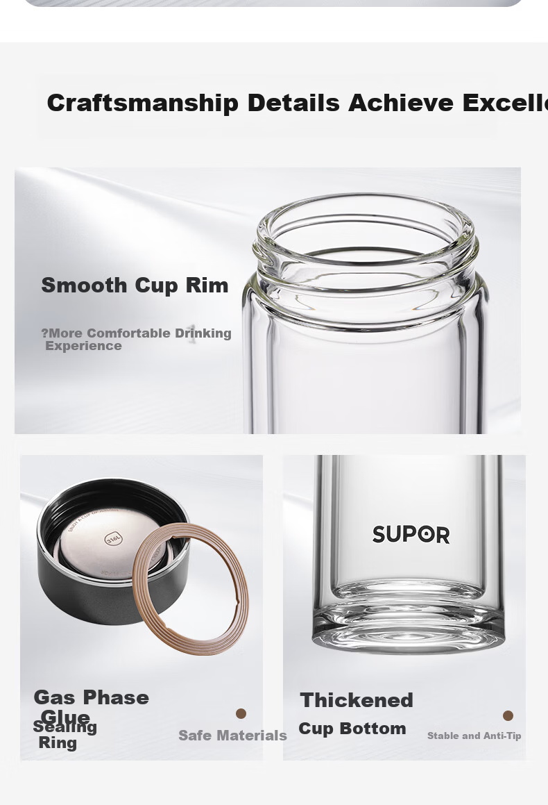 SUPOR Double-Layer Glass Cup for Men, Home and Office, Tea Infuser, Car Water Bottle, 400mL, Starry Night Black 16
