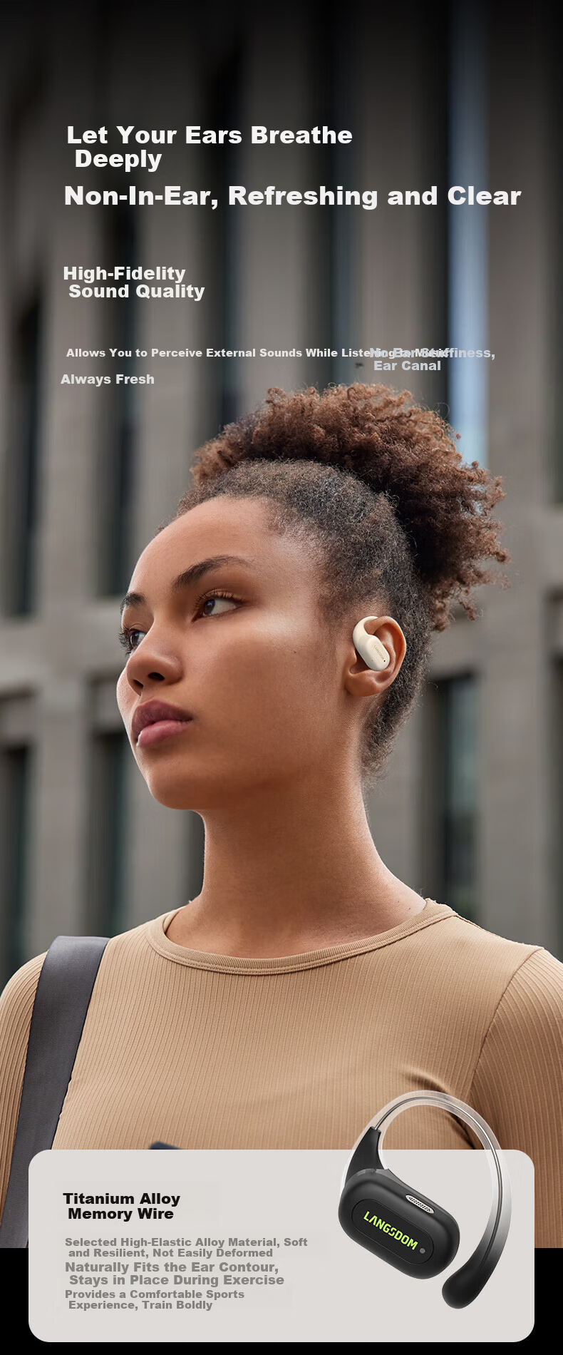 Langston TS19 Bluetooth Bone Conduction Open-Ear Earhook Headphones Matte Black 3