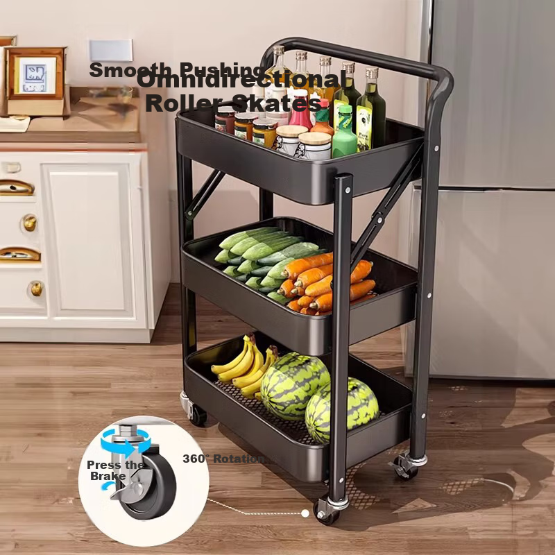 Jiaodu Folding Small Cart Multi-Layer Kitchen Storage Rack Multifunctional Floor Trolley Fruit and Vegetable Basket Organizer