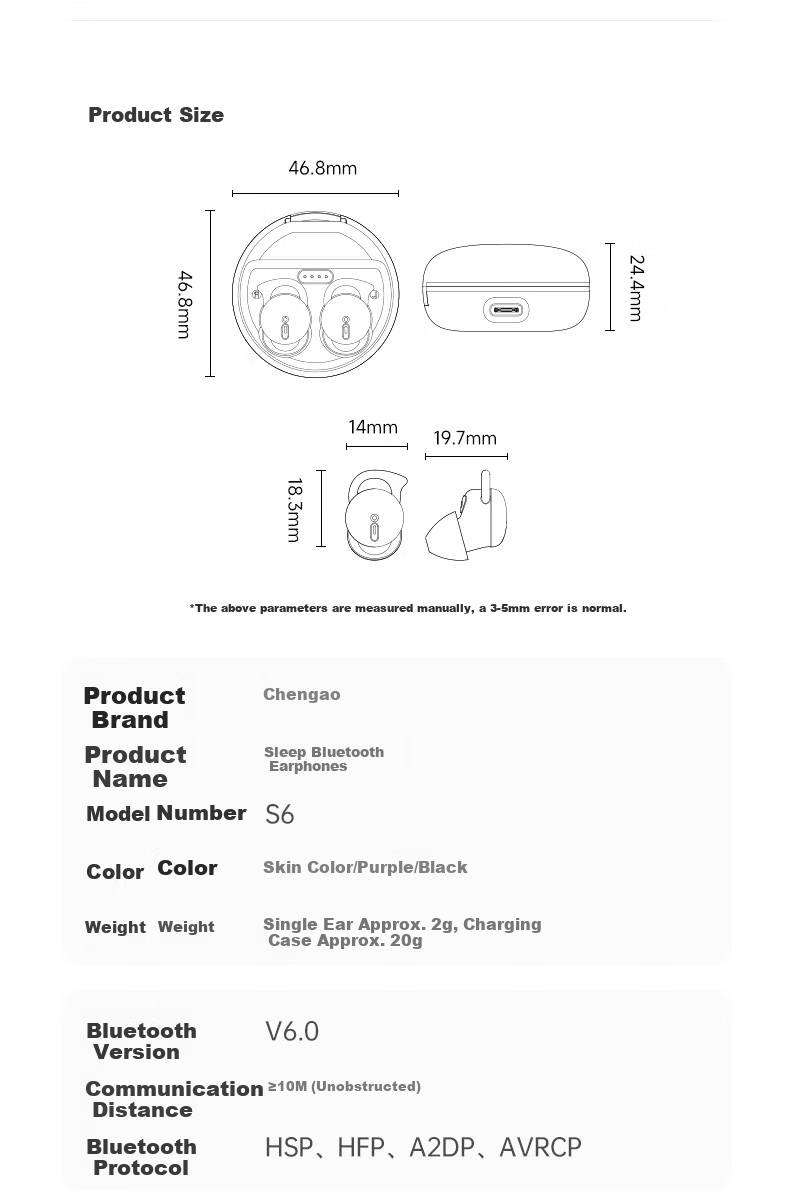 Chengao Sleep Headphones Deep Sleep Pod Bluetooth Earphones Wireless Noise-Cancelling Sleep Earplugs Invisible Compact Side-Sleeping Compatible S6 Purple 20