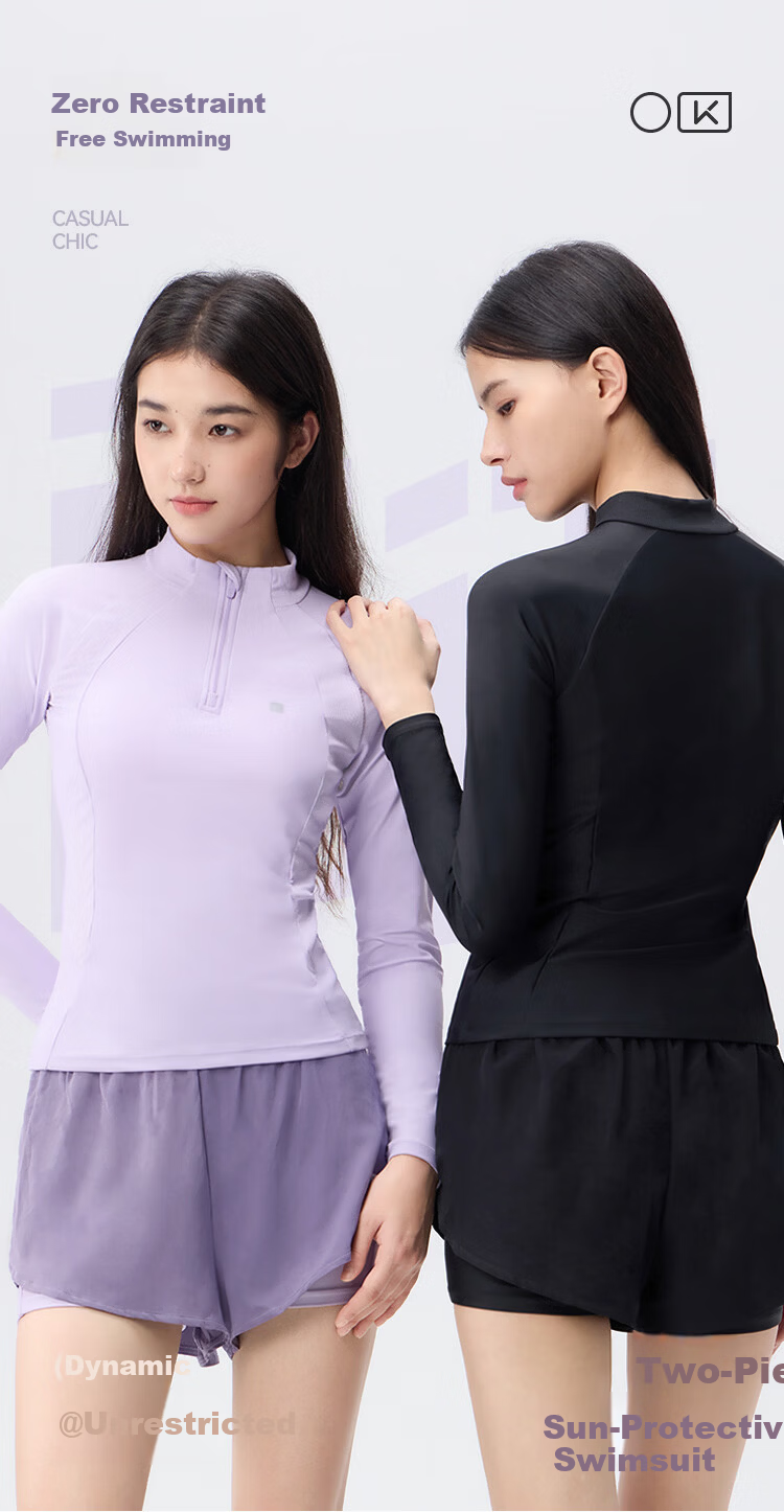 Keep Women's Two-Piece Long Sleeve Sun Protection Swimsuit for Plus Size Girls Conservative Hot Spring Swimwear 925 Black XL 2
