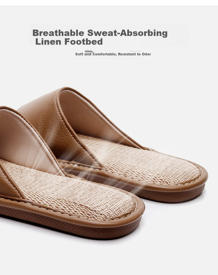 Genmai Plus Size Linen Slippers Men 4849 Indoor Home Floor Non-Slip Four Seasons Leather Slippers Coffee Color Size 40-41 7