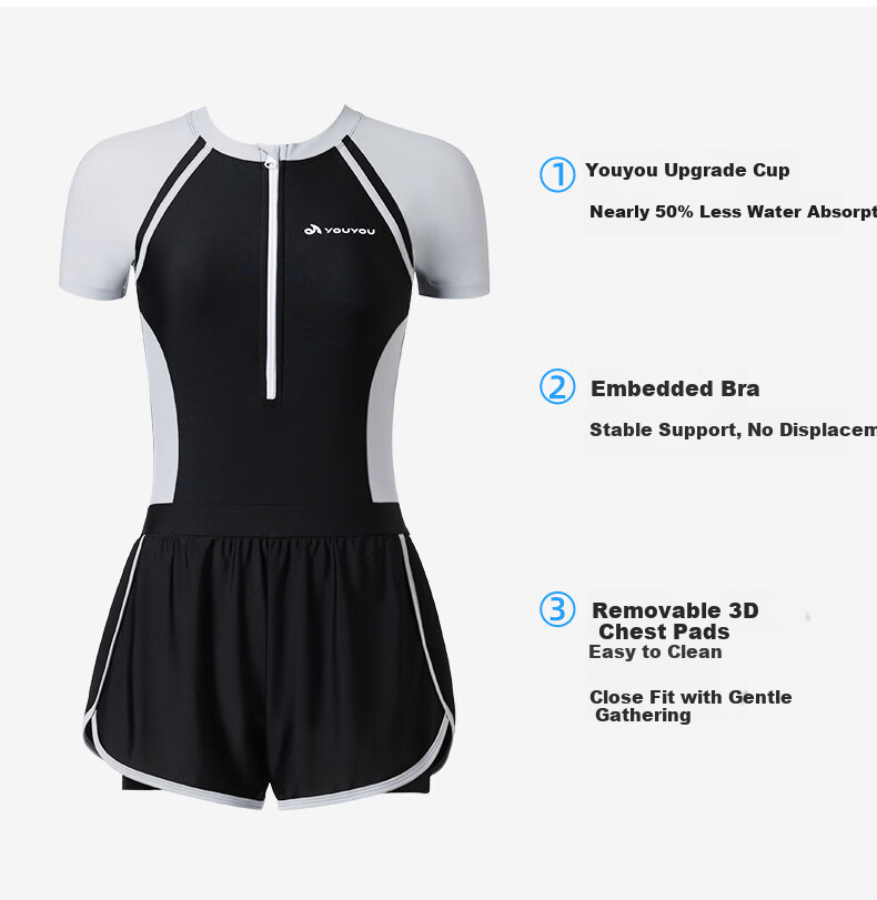 F.DYRAA Women's One-Piece Conservative Swimsuit Set for Hot Springs and Swimming Pool Slimming Girl Swimsuit Three-Piece Set 16083 Classic Black M 3