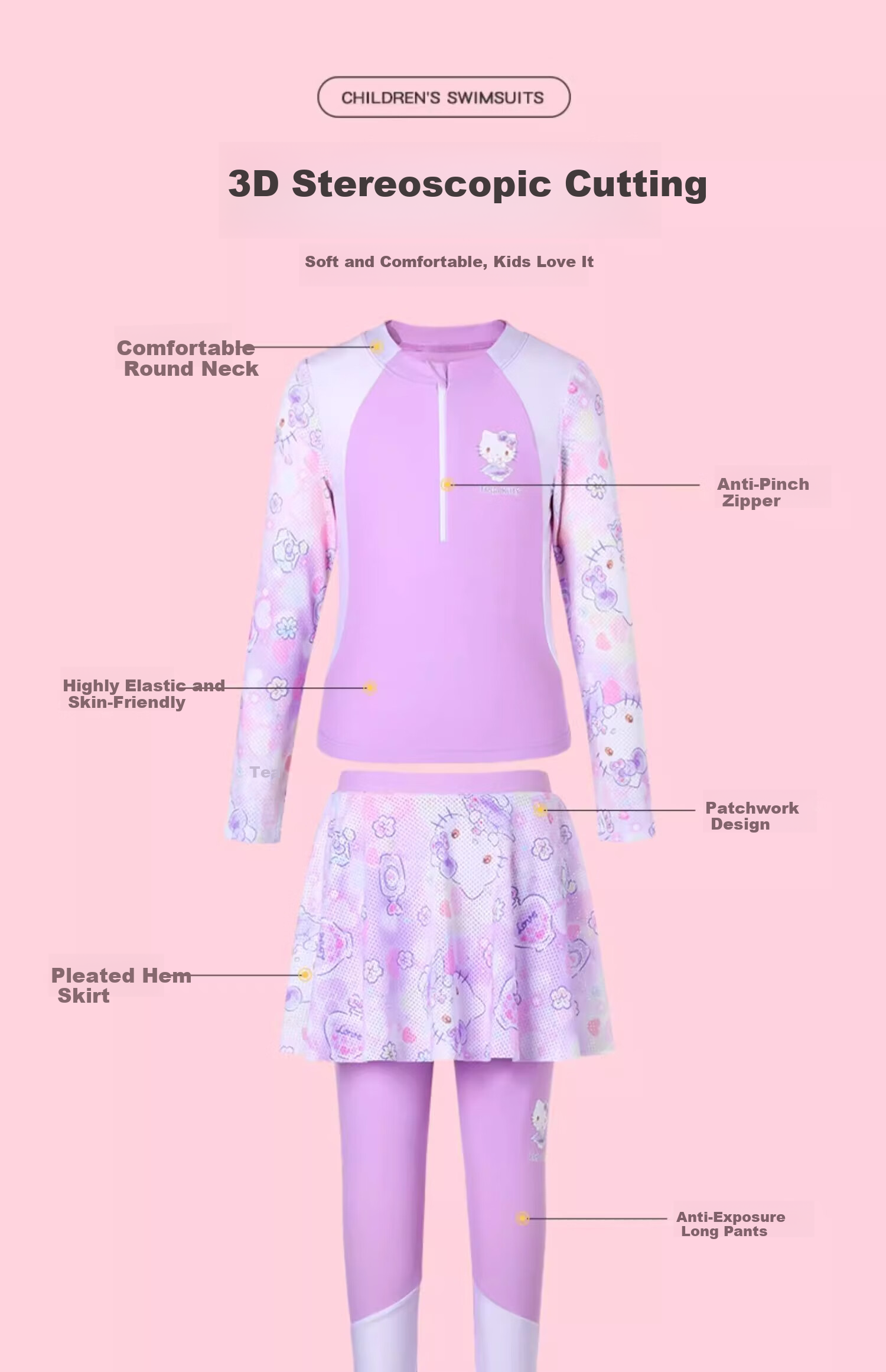 F.DYRAA & Hello Kitty Kids' Long Sleeve Sun Protection Swimwear Set A-Class Two-Piece KC422C015 Purple Size 130 6