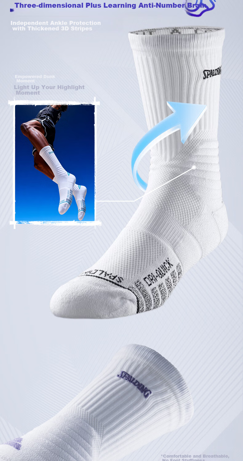 SPALDING Men's Basketball Socks Colorful Long Tube Professional Anti-Slip Thickened Shock Absorption Breathable Sports Socks 3 Pairs Pack 6