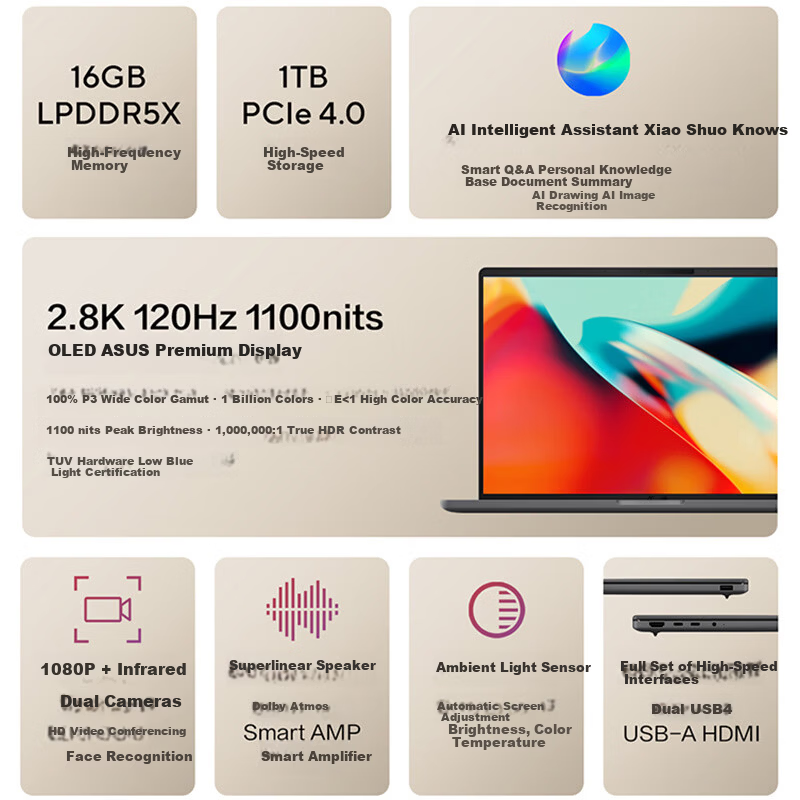 ASUS Lingyao 14 Air Snapdragon X2 Elite 2.8K 120Hz 1100nits OLED 16GB 1TB 980g AI Ultra-thin Laptop