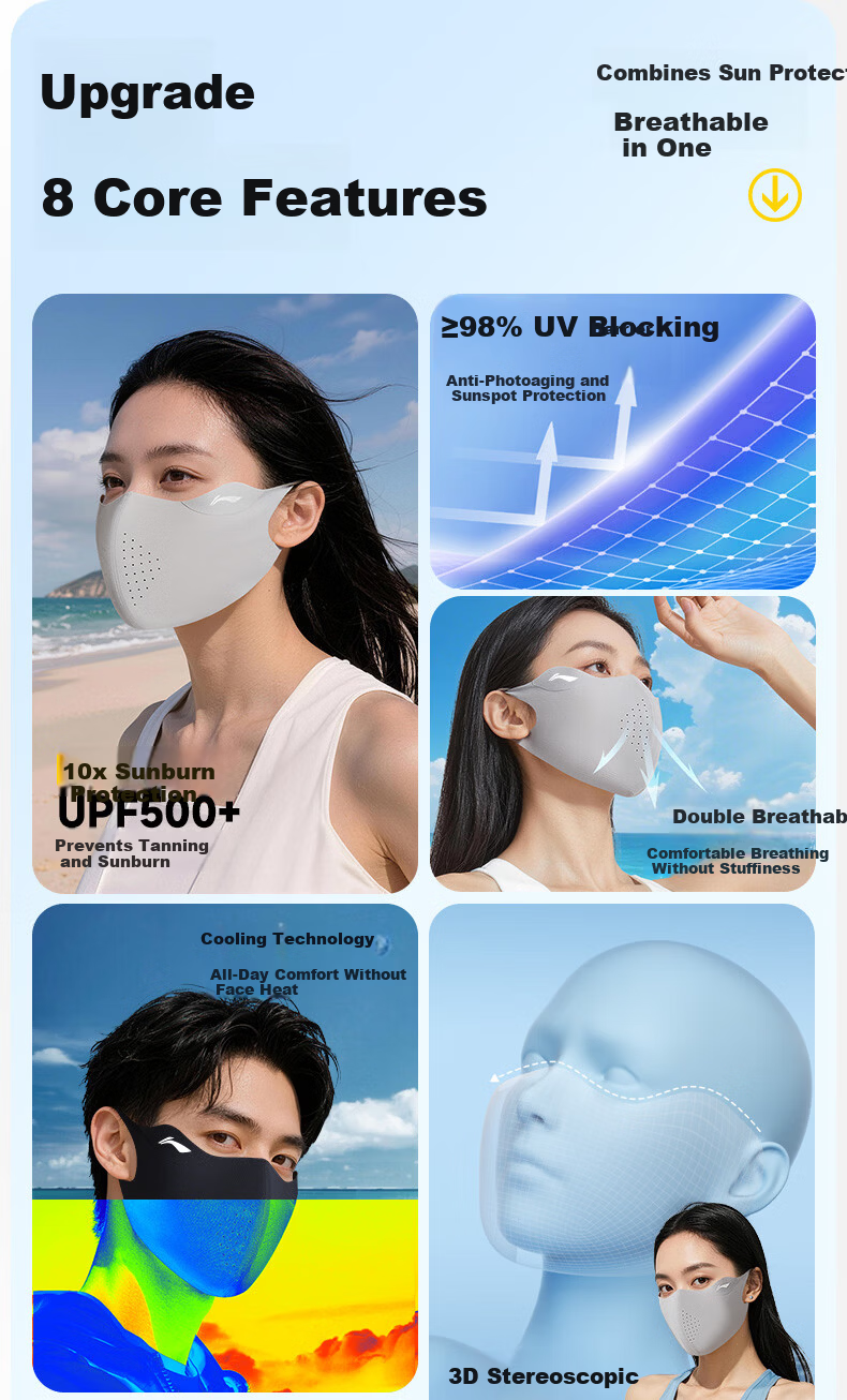 Li-Ning Sun Protection Face Mask for Men And Women, Ice Silk UV-Resistant 3D Sunshade Mask for Running, Cycling, Breathable with Eye Corner Protectio 3
