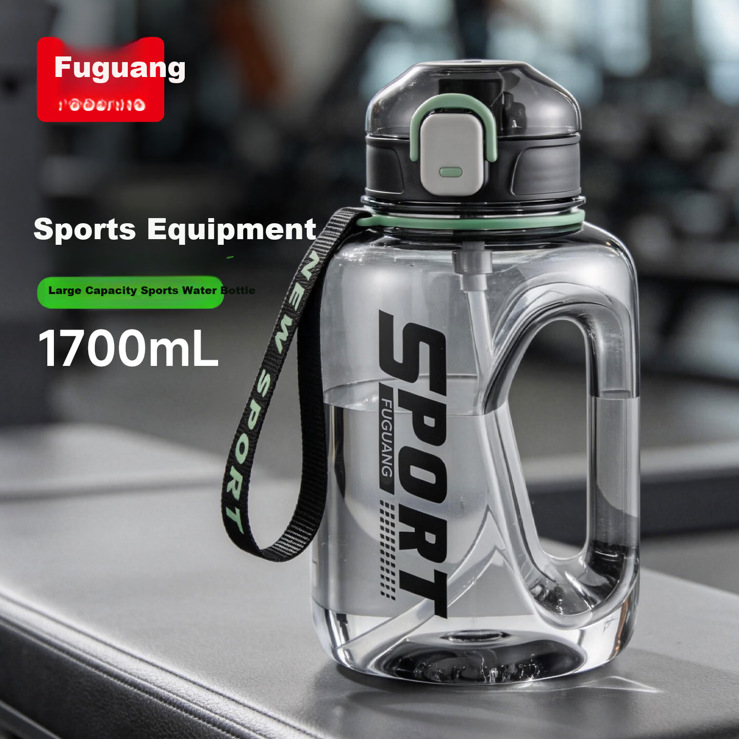 FUGUANG Large Capacity Plastic Water Bottle, Tritan Sports Outdoor Canteen Cup, 1700ml, Black