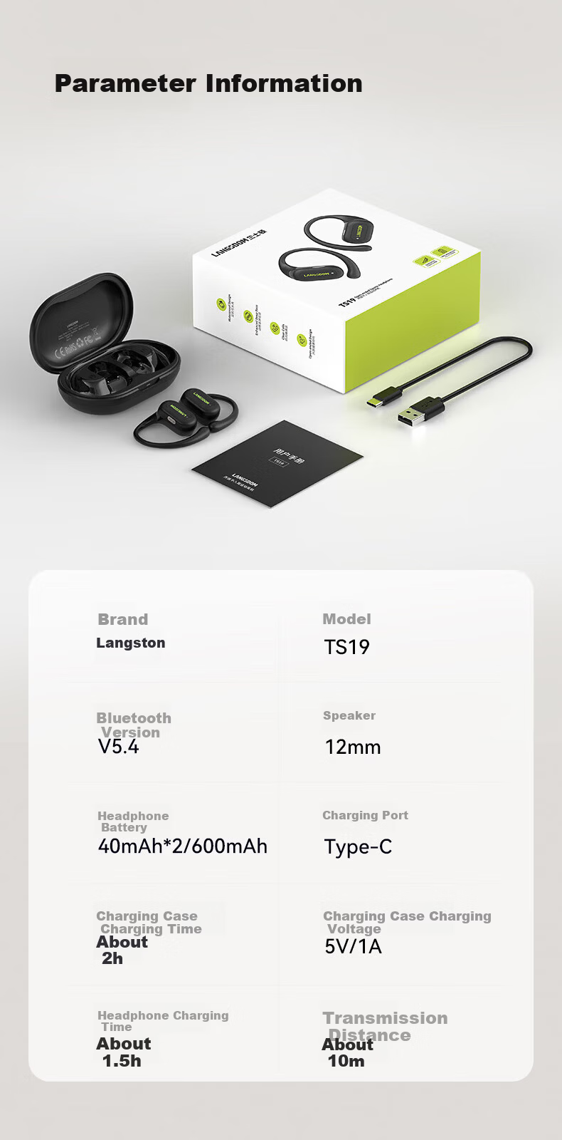 Langston TS19 Bluetooth Bone Conduction Open-Ear Earhook Headphones Matte Black 13