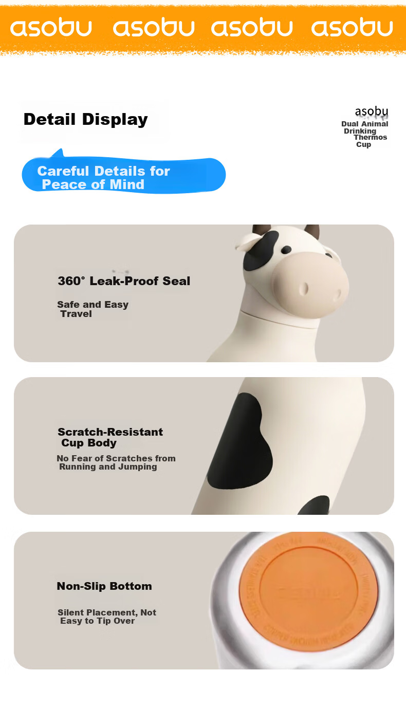 ASOBU Animal Insulated Bottle with Removable Straw Silicone Sleeve Cute Portable for Daily Use Students Kids Outdoor 6
