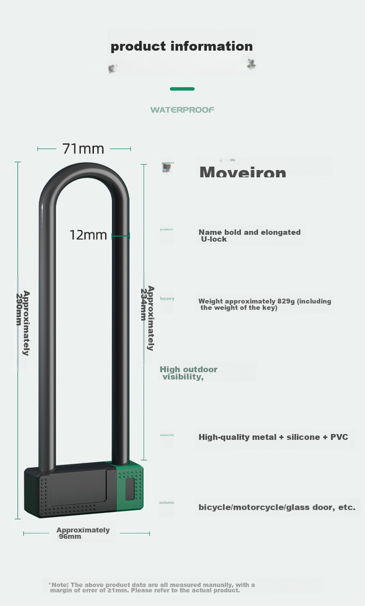 Move Iron Bicycle Lock, Glass Door Lock, High-Strength Metal, Thickened And Extended, Double-Door Lock, U-Shaped Lock, Solid Lock, Extended Versio 11