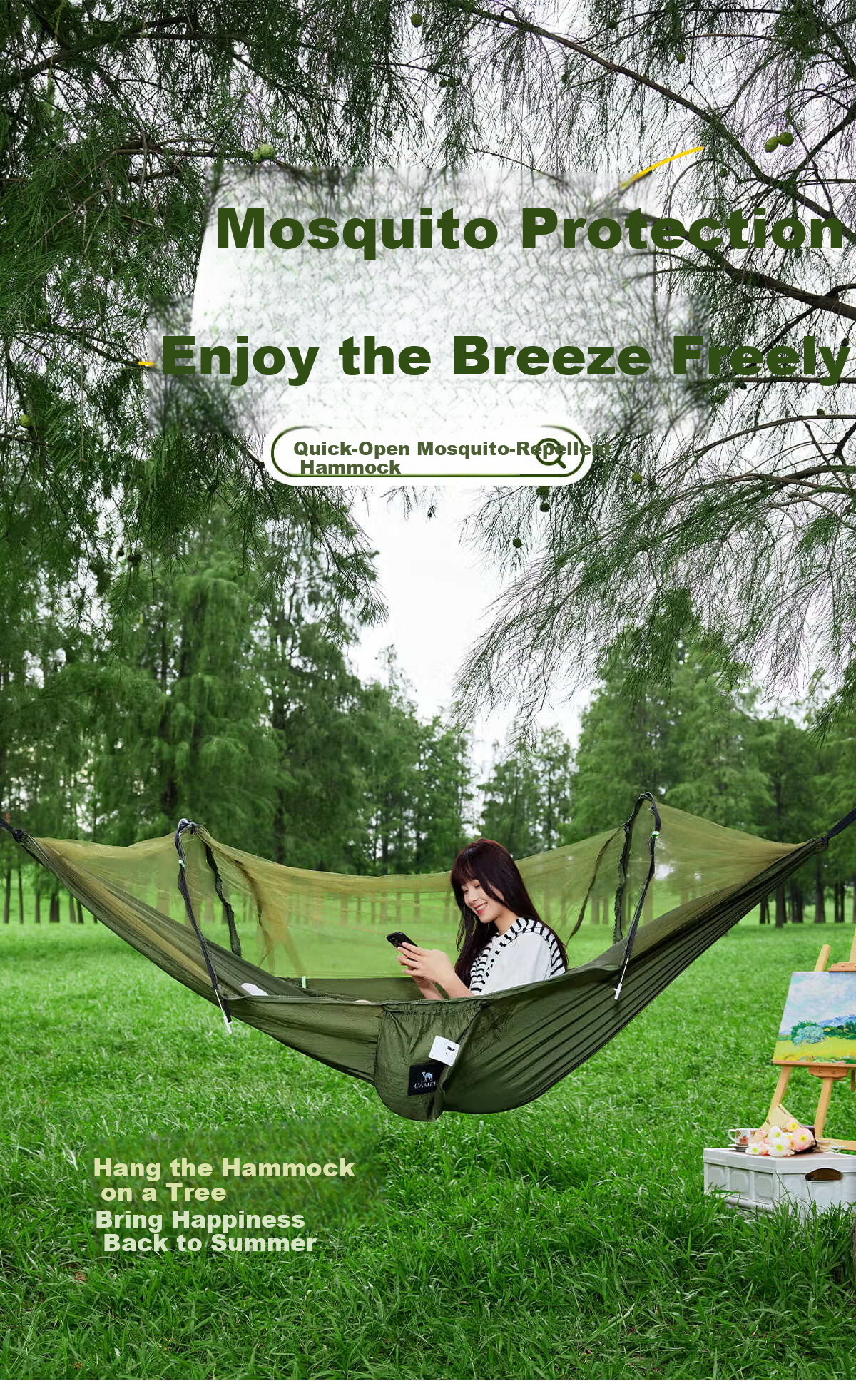 CAMEL Outdoor Mosquito-Proof Hammock for Adults, Thickened Anti-Tip Hanging Cradle Swing, Aerial Tent Camping Mosquito Net 7661 1