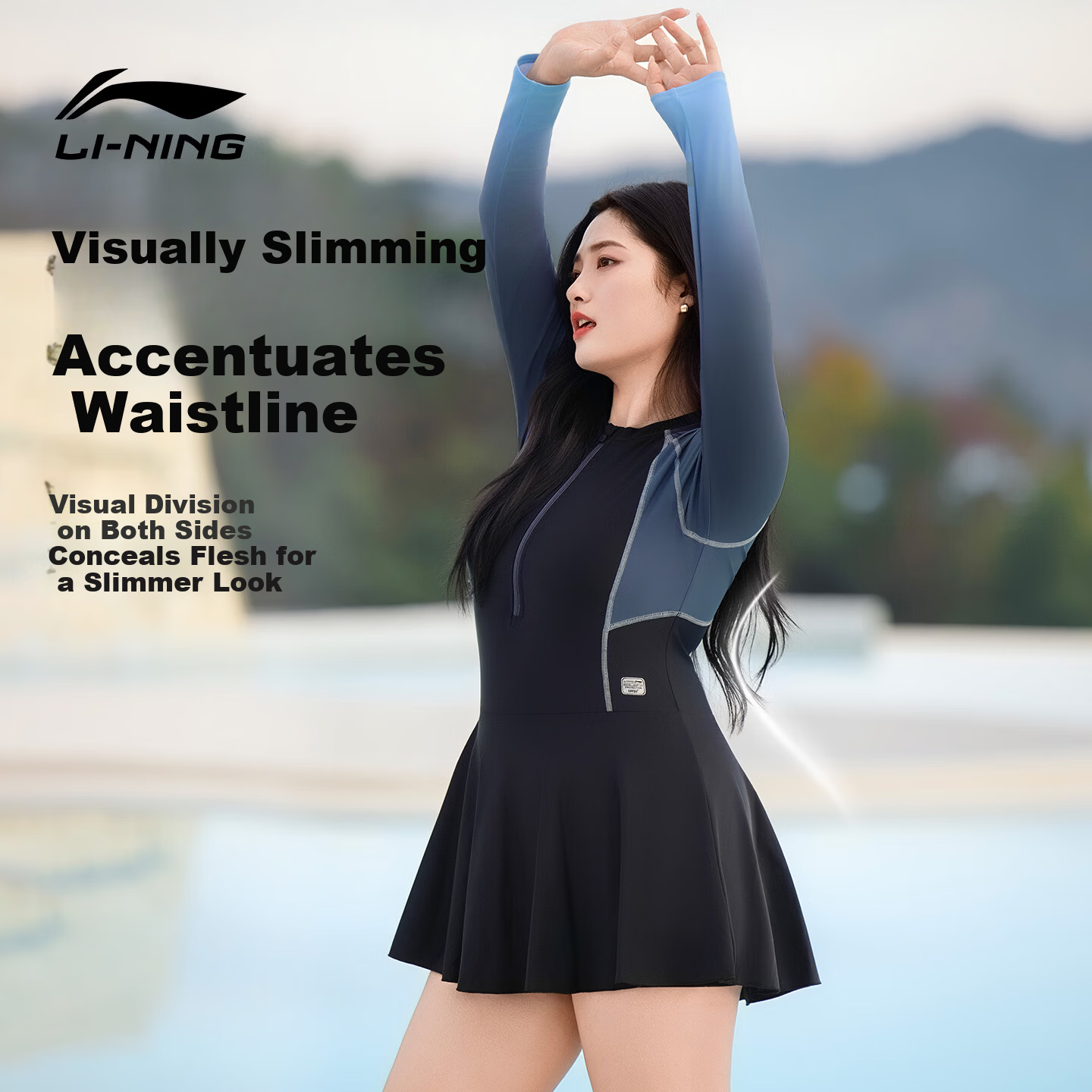 LI-NING Plus Size Women's Swimsuit, Slimming Long Sleeve One-Piece, 200 Jin, New 2026 Hot Spring Swimwear