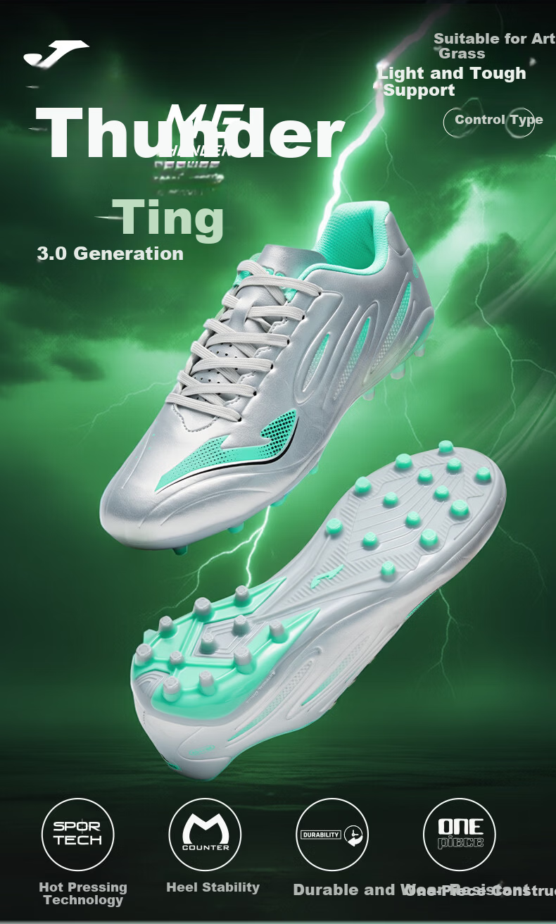JOMA Men's Soccer Shoes MG Short Studs Adult Youth Student Competition Training Shoes Thunder 3.0 Silver/Green Size 40 1