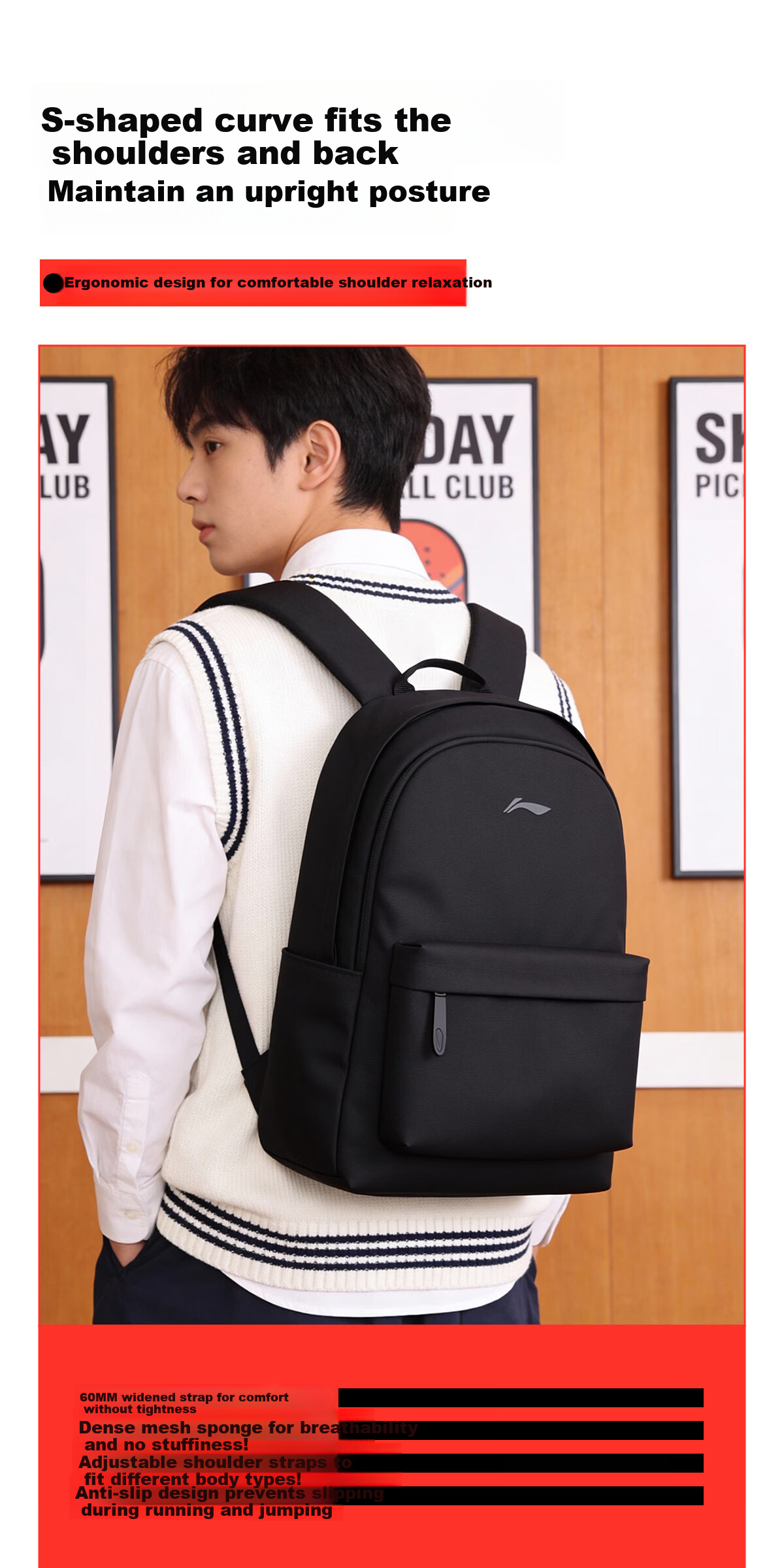 Li-Ning Backpack for Men, High School Student Bookbag, Stylish 2026 New Model, Large Capacity, Lightweight Travel Backpack, Laptop Bag 11