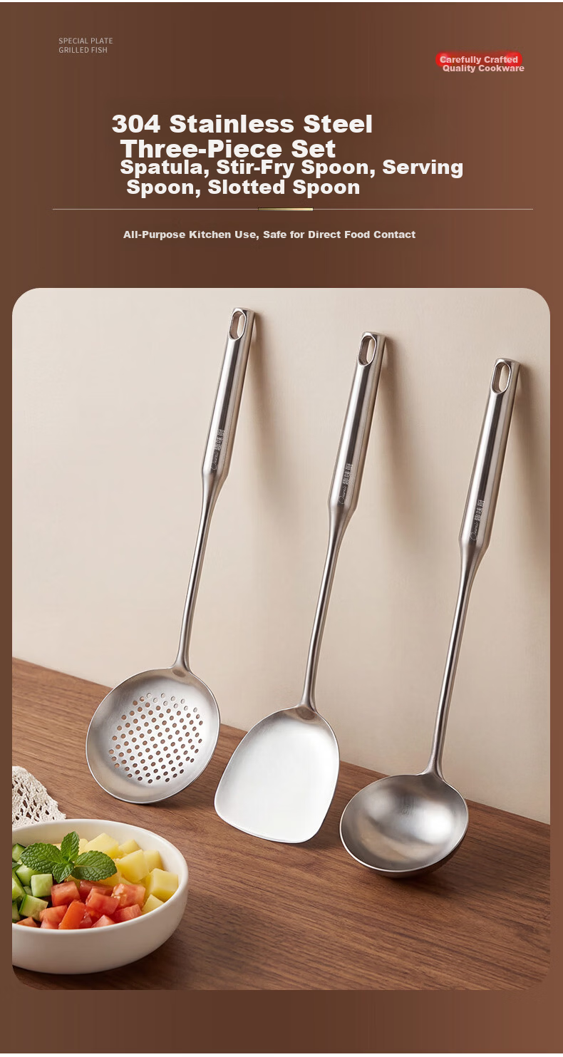 Fun Kitchen Spatula and Spoon Set 304 Stainless Steel Turner + Soup Ladle + Slotted Spoon 3-Piece Set Stainless Steel Cooking Utensils for Iron and Stainless Steel Pans 6