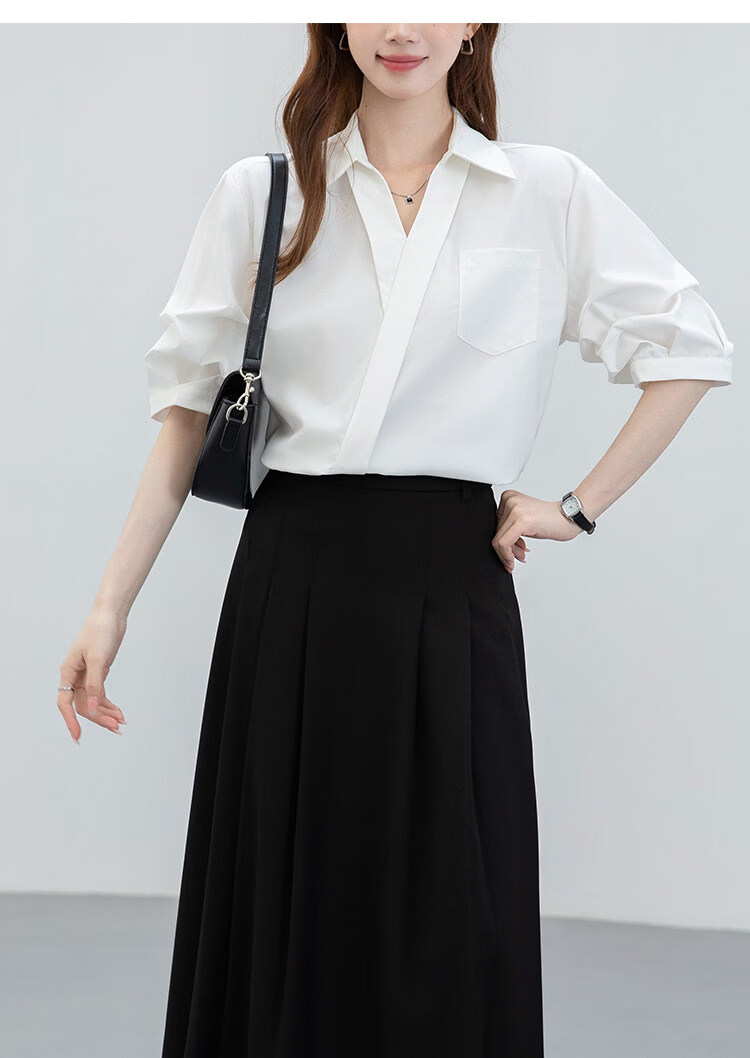 Handu Yishe Women's Short Sleeve Shirt 2026 Summer Commuting V-Neck Light Professional White Blouse M 8
