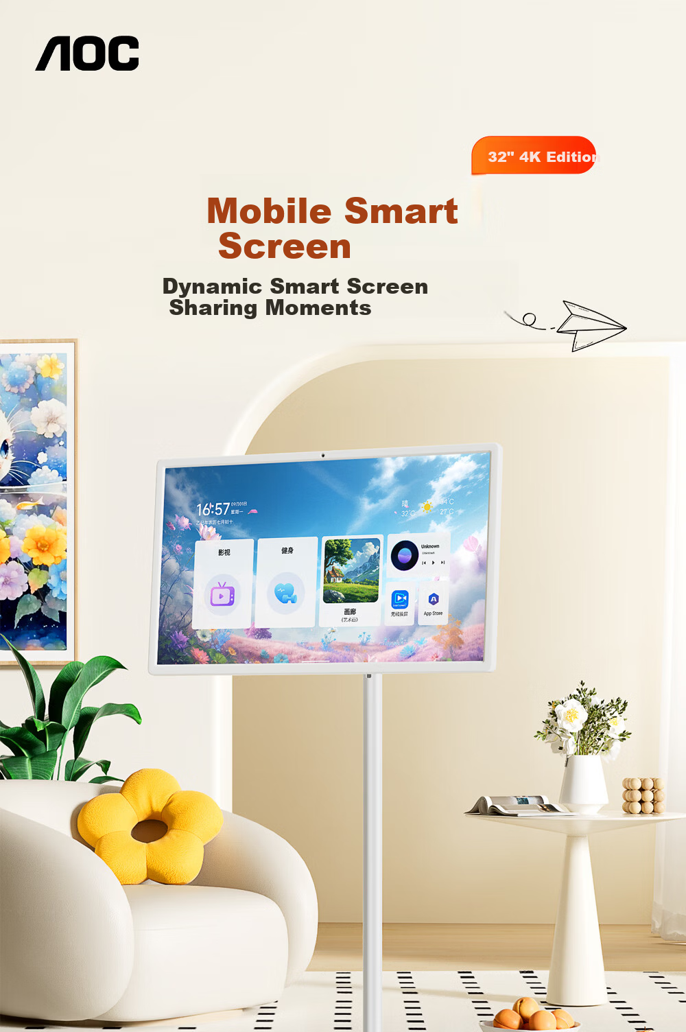 AOC Bestie Touchscreen 4K HD Eye Protection 32-inch Large AI Smart Screen 128GB Portable TV Wireless Screen Casting Fitness Touch Tablet 1