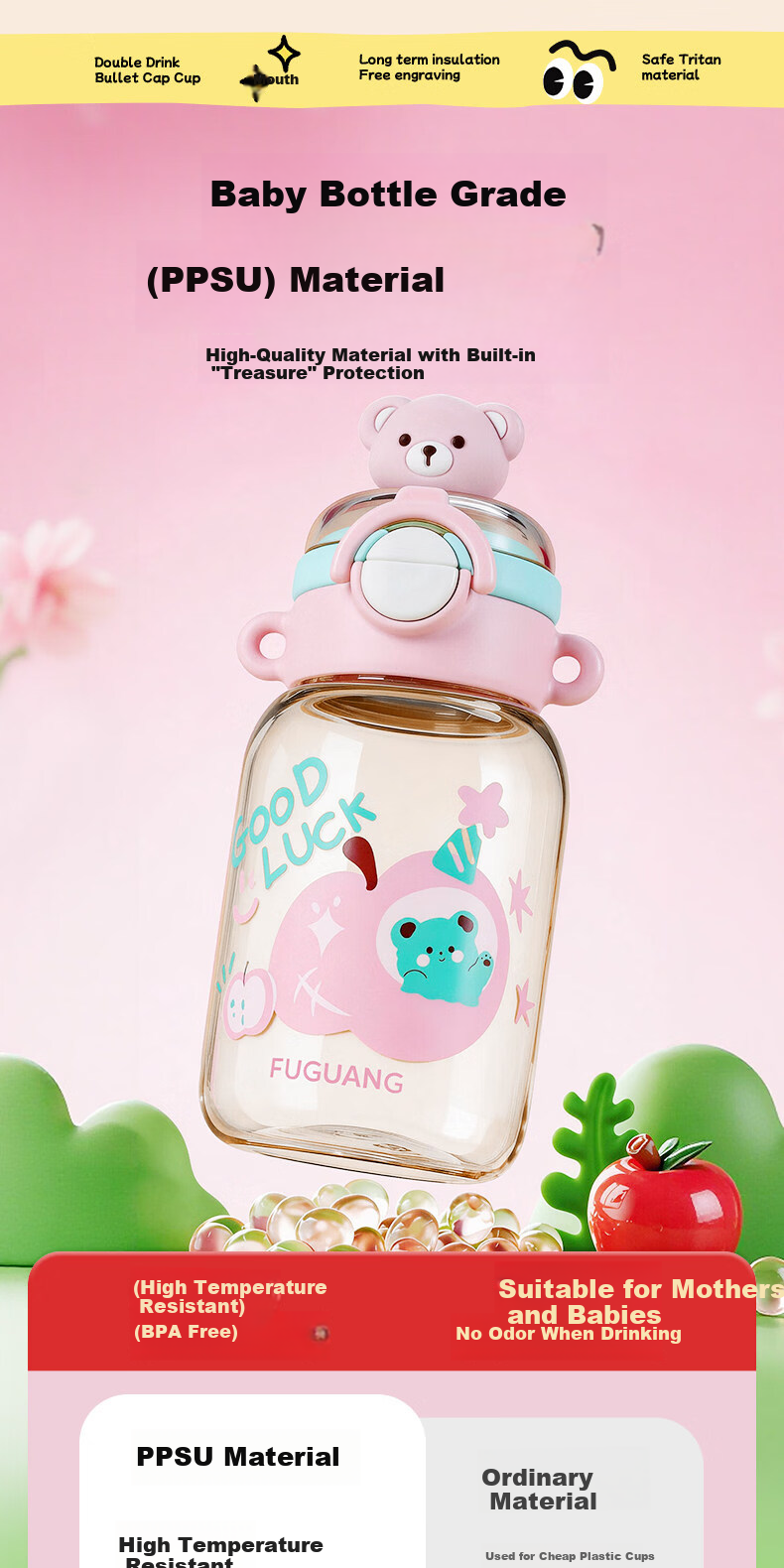 FGA Fugang Children's PPSU Straw Cup Student Summer Plastic Water Bottle Unisex Dual-Use Large Capacity Sports Water Bottle 4