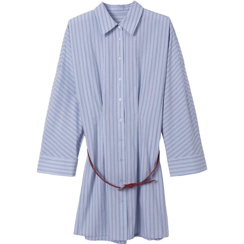 Demana Fresh Cotton Spring Pointed Collar Striped Color-Block Belted Loose Slim Dress for Women Premium Feel
