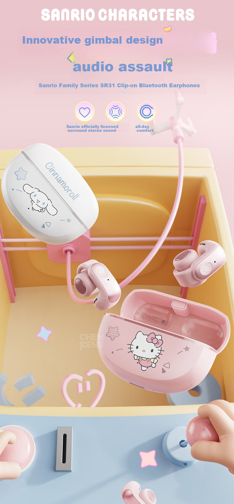 Chenfeng Sanrio Open-Ear Clip-On Bone Conduction Bluetooth Wireless Sports Running Earphones Ear-Hook Comfortable for Women Long Wear No Pain Student Birthday Gift SR31 1