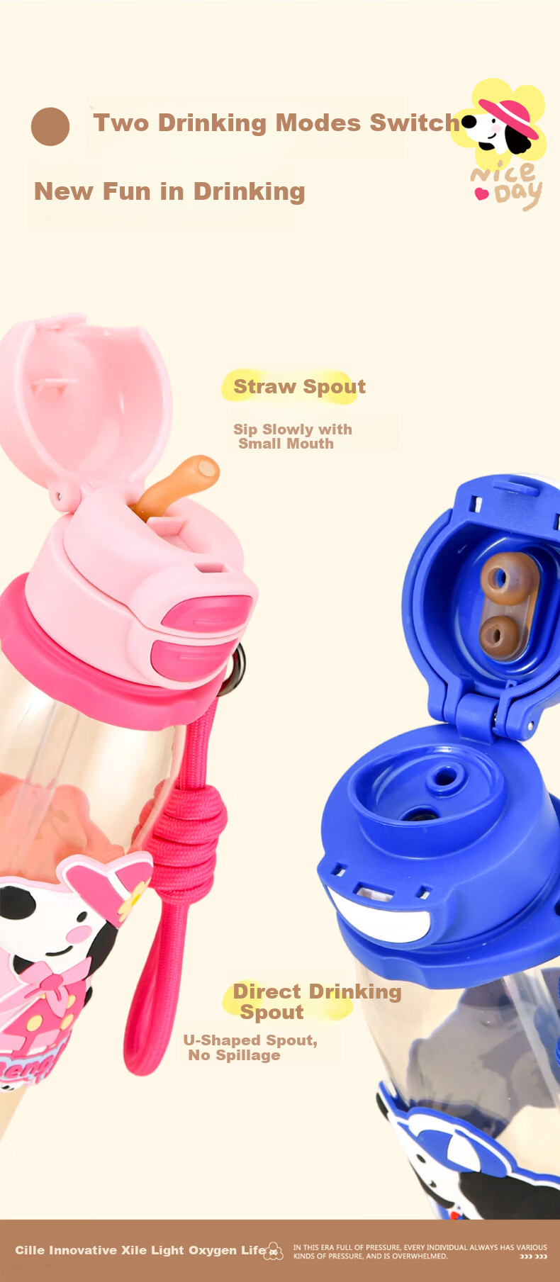 Cille Children's Water Bottle Portable Dual-Use PPSU Plastic Drinking Cup for Girls School Backpack Baby Durable High-Temperature Resistant 6
