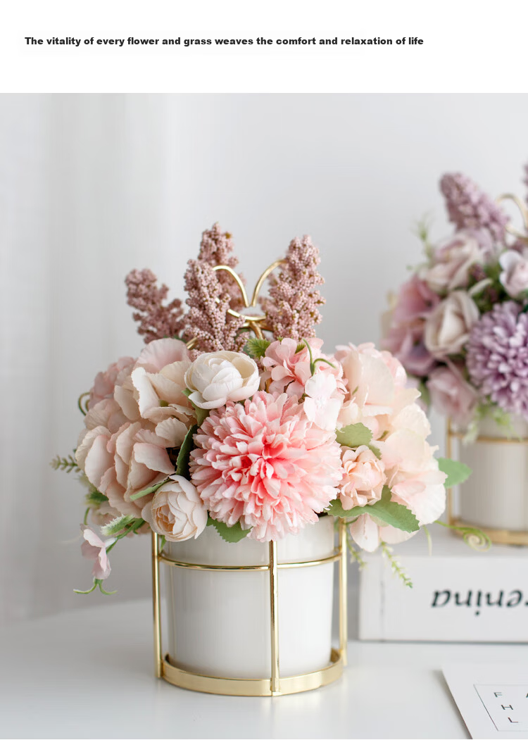 Ai Yi Zhuang Tang Artificial Flower Arrangement Nordic Style Ceramic Vase Floral Set Living Room Decoration Dining Table Flower Emile Pink 8