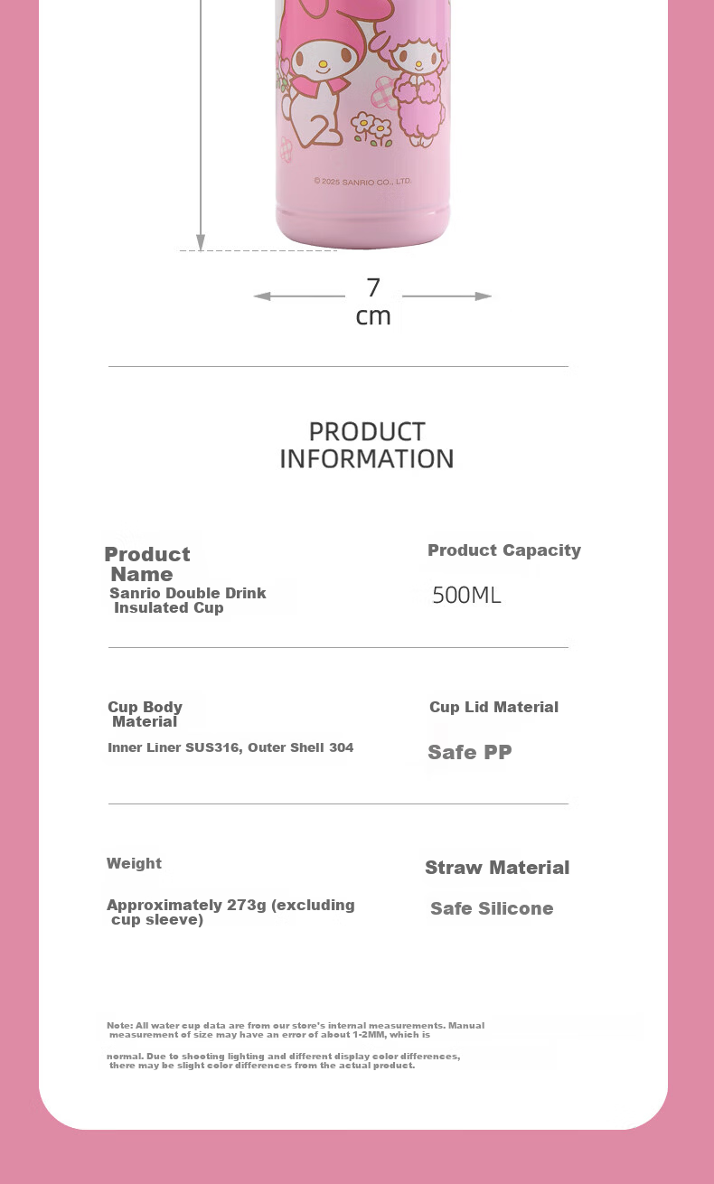 Sanrio 316 Stainless Steel Insulated Water Bottle 500ML Dual-Use Kids Thermos Cup 2543 My Melody 4