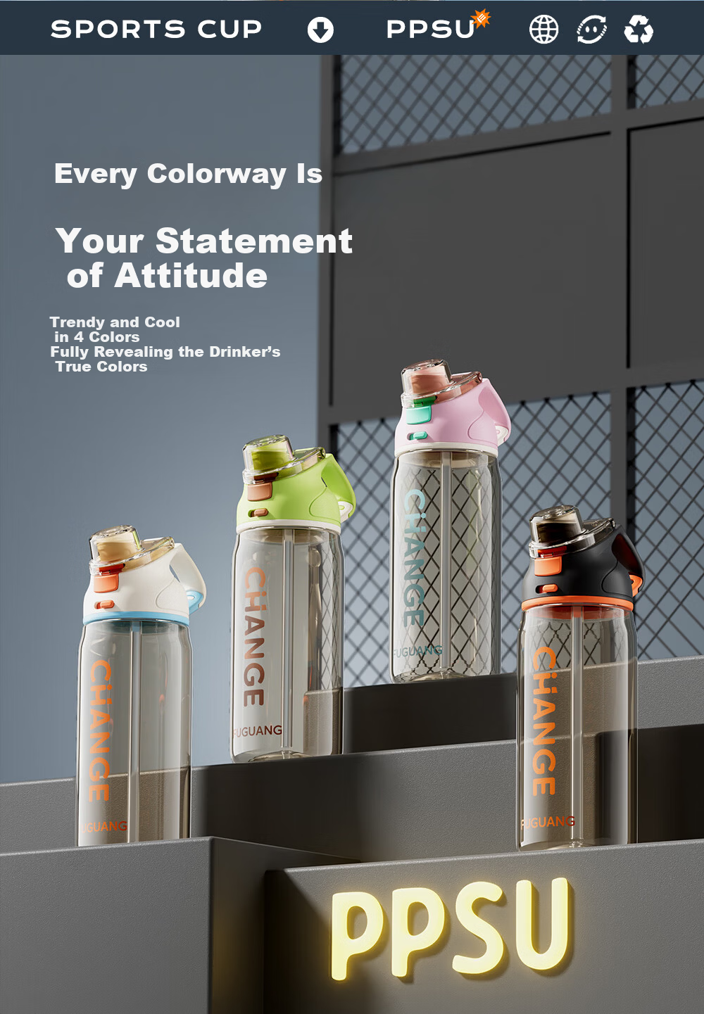 Fuguang Large Capacity Sports Outdoor Portable PPSU Water Bottle Summer Student School Food Grade Plastic Cup 11