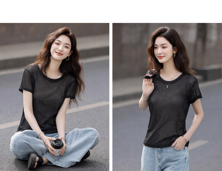 Demana Breathable Linen Summer Lightweight Mesh Round Neck Short Sleeve Slim Fit Casual Women's T-Shirt 11