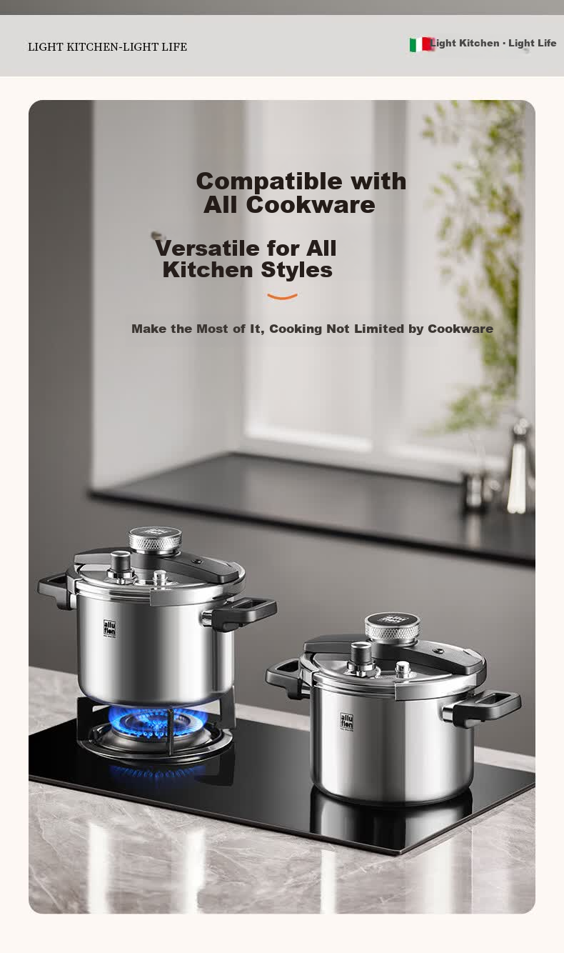 Alluflon Pressure Cooker Explosion-Proof High-Pressure Pot 304 Stainless Steel Single-Hand Open Induction Cooker Compatible 6L Household for 3-4 People 10